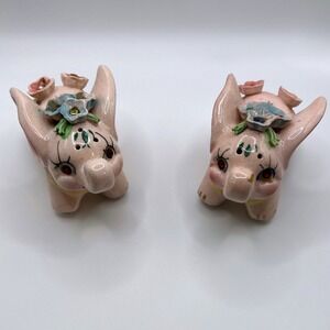 Vintage Pink Elephant Salt and Pepper Shakers Floral Rhinestone Ceramic Set